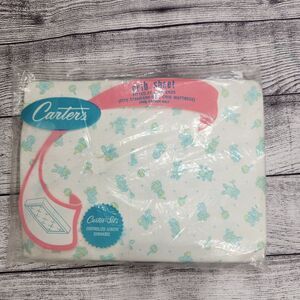 VTG Carter's Fitted Crib Sheet Baby Bed Nursery Deadstock Blue Bunny Rattle Bear